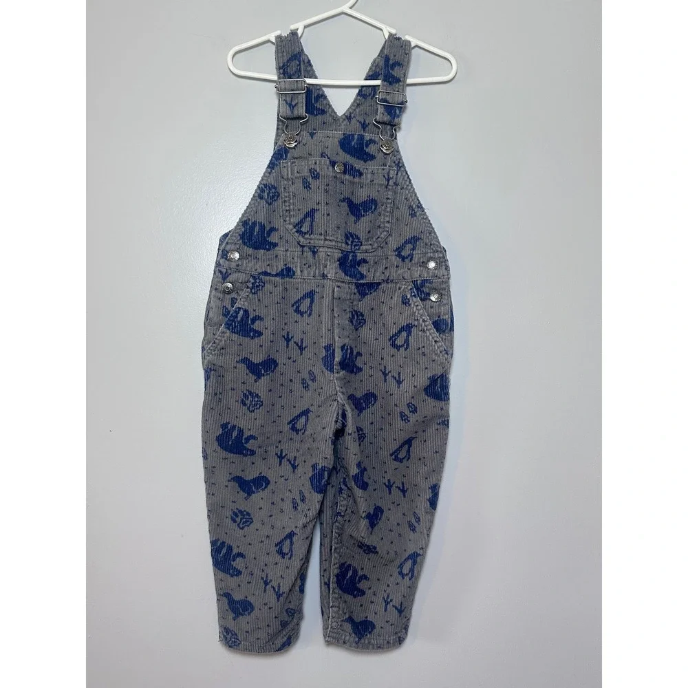 Gymboree Kids Gray Blue Arctic Animal Print Corduroy Overalls Small Penguin Bear